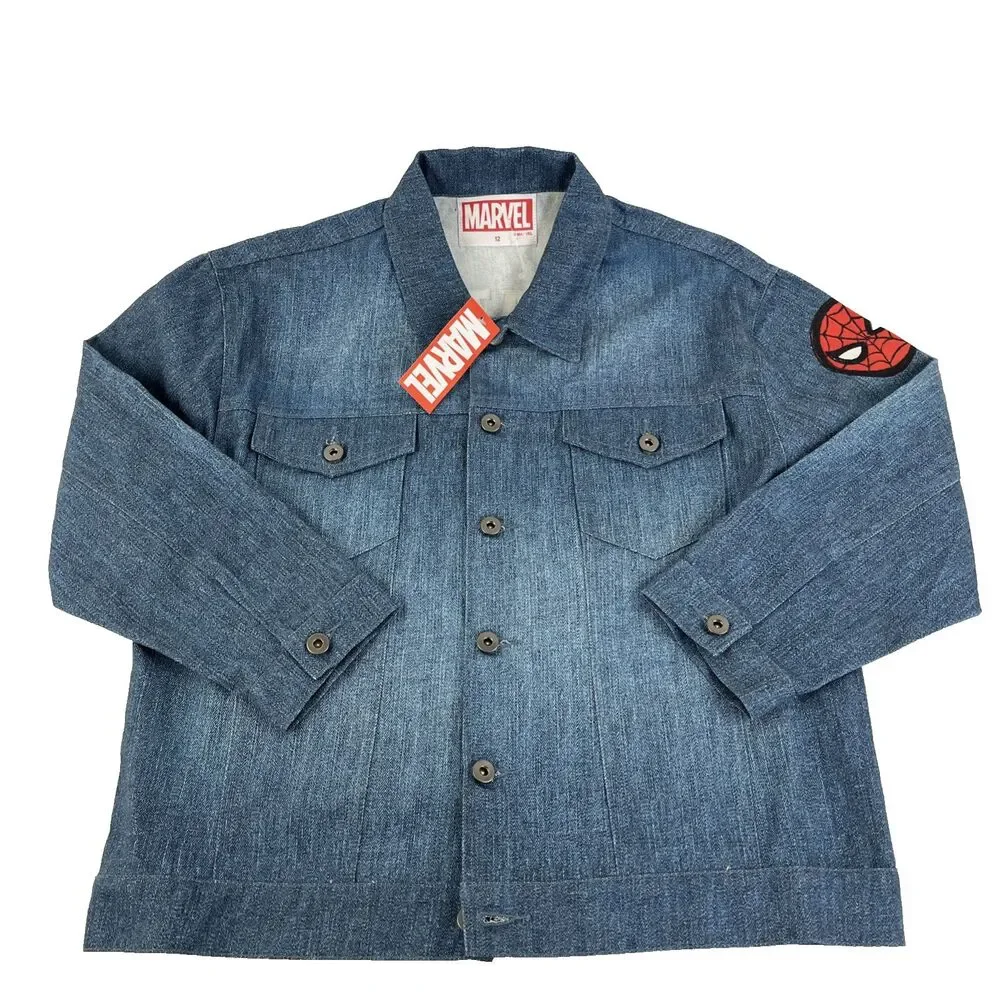 New Boys Amazing‎ Spider-Man Marvel Button Up Denim Jacket Sz 12 NWT Jean Blue